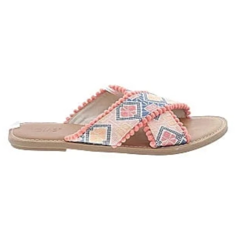 TOMS criss cross multi-color fabric Pom Pom slides